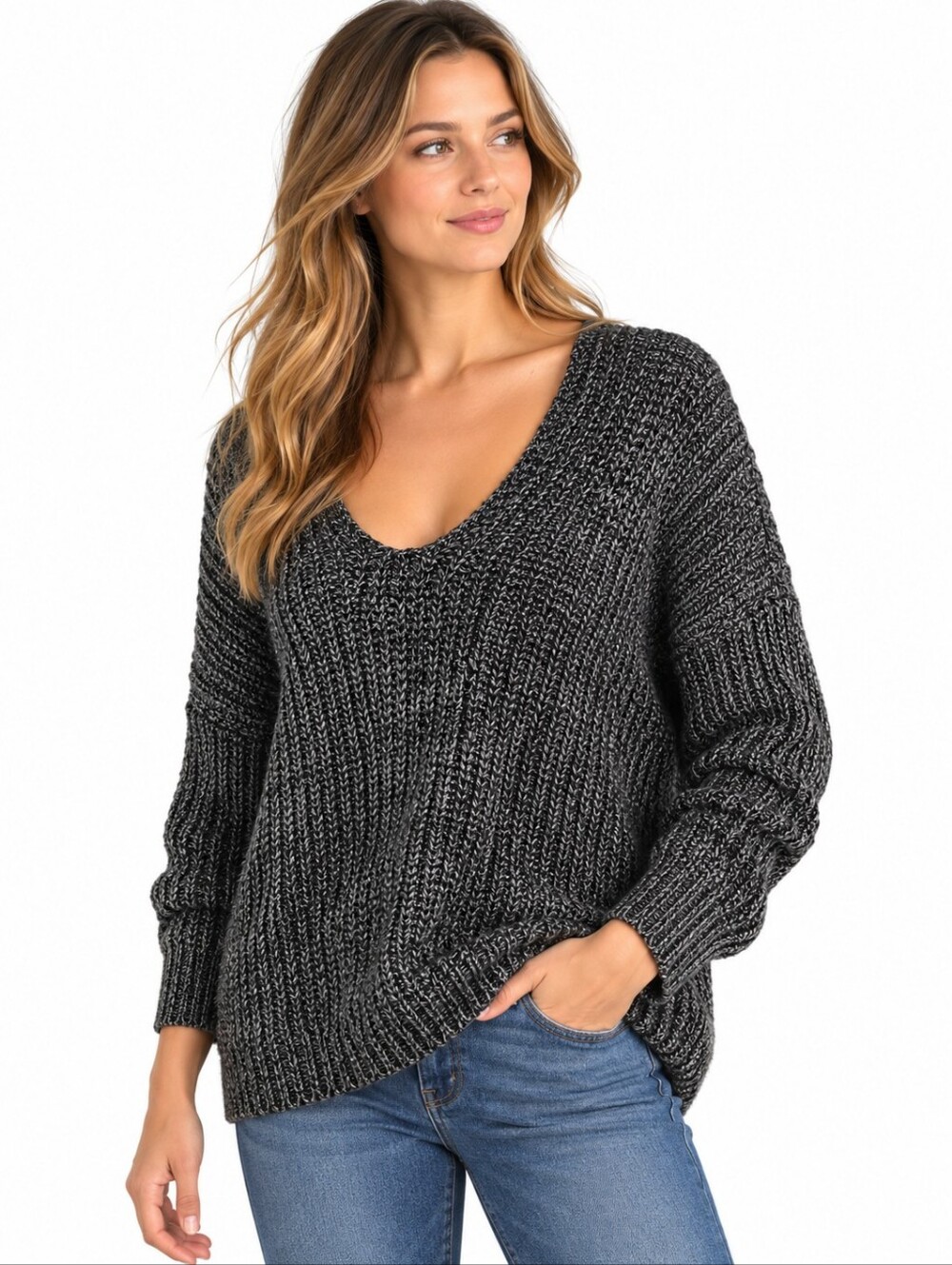 LINE Women’s 100% Cotton Marled Chunky Knit V-Neck Sweater Large
